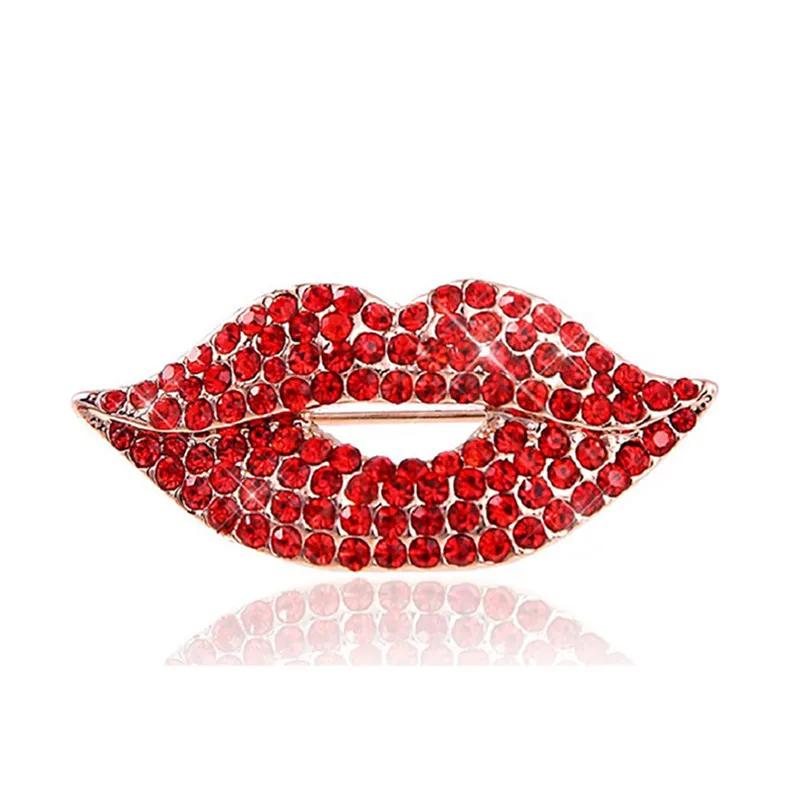여성을위한 럭셔리 패션 섹시한 빨간 입술 브로치 여자 스카프 핀 라인 석 다이아몬드 브로치 웨딩 신부 브로치 쥬얼리 선물