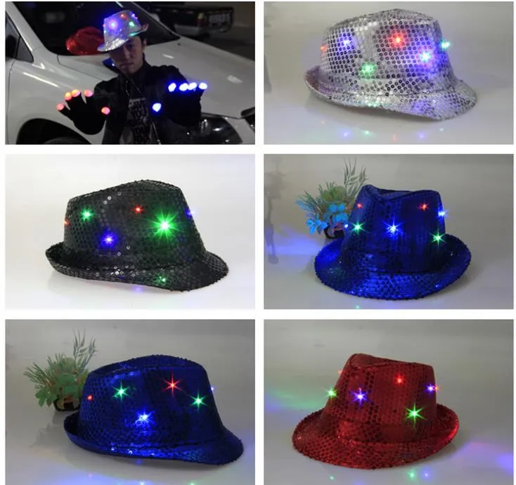 LED Jazz Hoeden Knipperlicht Led Fedora Trilby Pailletten Caps Fancy Dress Dance Party Hoeden mannen Kerst Festival Carnaval Kostuums