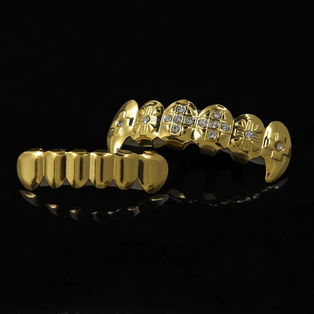 18k Real Gold Silver Plated Iced Out CZ Rhinestone HipHop Teeth GRILLZ Caps Top Bottom Grill Set vampire teeth Party Gift97708937423302