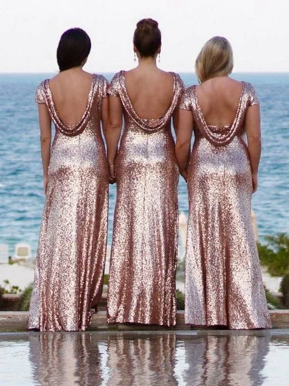Sparkly Bling Gold Pink Pailletten Abendkleider Sexy Rückenfrei Günstige Brautjungfernkleider Elegante Kurzarm Formale Ballkleider 2017 Vestidos