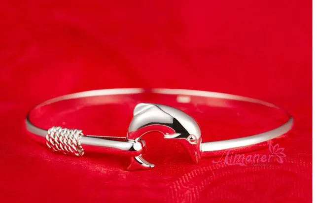 Hot charm bangle bracelet High quality 925 sterling silver rose flower dolphin style cuff bangles bracelets jewelry for women