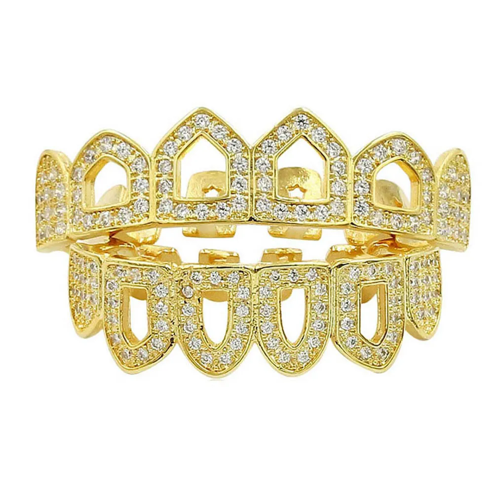 Hip Hop Caps Shaped Iced out CZ 4 Open Hollow Grillz Top Bottom Grillz Set Men Women Mouth Teeth