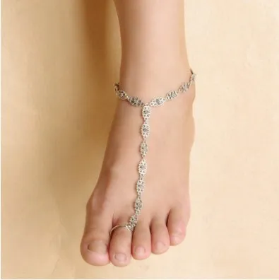 Vintage Ankle Chain Antique Silver Engraved Flower Pattern Anklets Boho Anklet Bracelet Toe Ring Foot Chain Foot