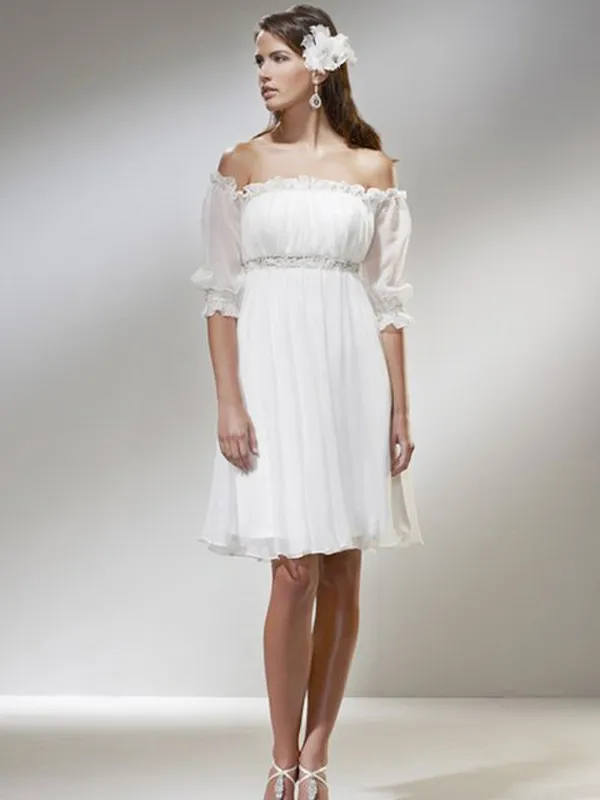 قبالة الكتف A-LINE LINE BEACH DUST WEDDAY فستان شيفون بدون حزام 3/4 أكمامات ثوب الزفاف بطول الطول إمبراطورية رومانسية