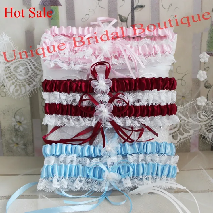 Bridal Garter Set Hot Sale 2-Piece Wedding Garters In Bourgogne Pink Sky Blue Navy Blue Colors Satin Lace Garter With Pearls Flowers