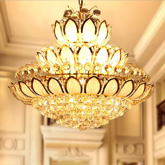 Lampadari di cristallo a LED Luci Apparecchio Americano moderno Lampadario di fiori di loto dorato Lampade a sospensione in cristallo dorato Illuminazione per club di hotel per interni domestici