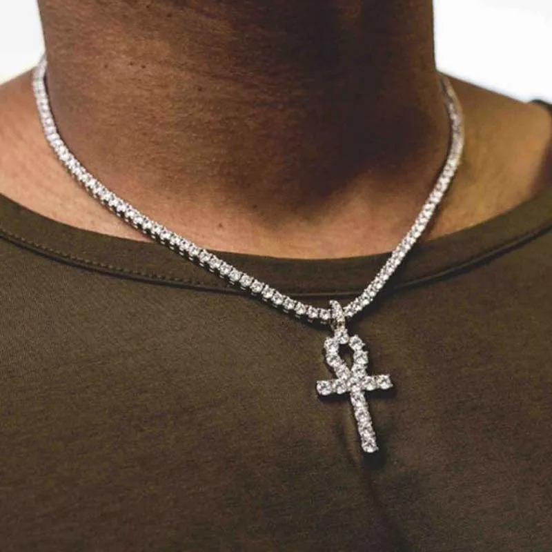 Mens Bling Iced Out Egyptian Ankh Sleutel Hanger Ketting Vergulde Hip Hop Zwart Crystal Cubaanse Link Ketting Mannen Sieraden Kettingen Hangers