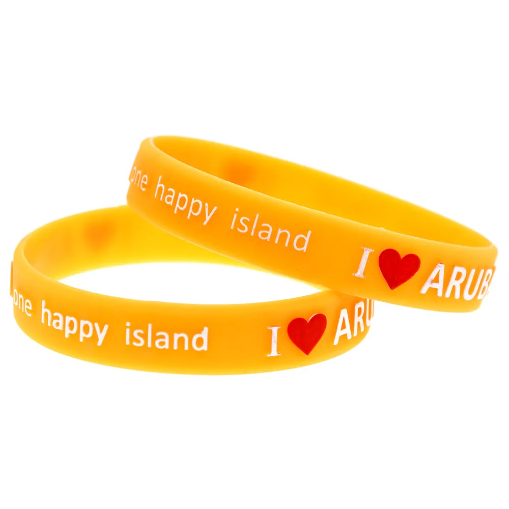 Bracelet en caoutchouc de Silicone I Love Aruba A happy Island, 100 pièces, Logo en relief, décoration tendance, taille adulte