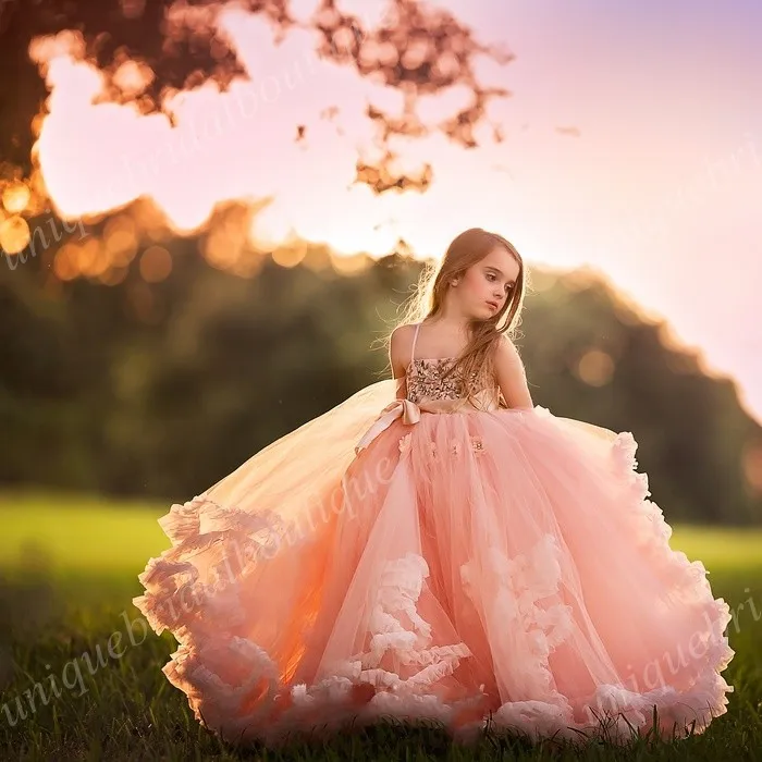 Graduation Dresses Kids Sequins Princess Flower Girl's Dresses with 3D Florals and Ruffles Skirt Real Photos Blush Girls Birthday Gowns