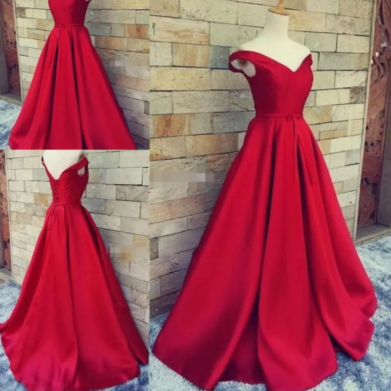 Simples Design Vermelho Vestidos de Noite 2017 Cetim Fora Do Ombro Lace Up Prom Vestidos Até O Chão Barato Formal Vestidos de Festa Vestidos