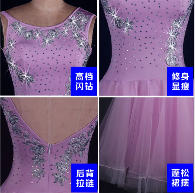 Adulto / Girls Ballroom Dance Dress Modern Waltz Tango Competizione concorrenza Dance Abito Sexy Senza maniche Applique Rhinestone Dress Bustom 007