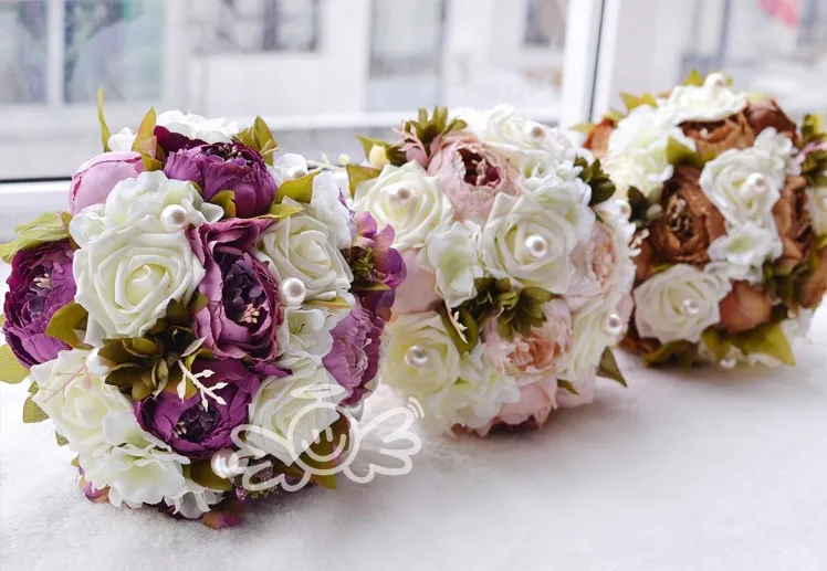 빈티지 인공 결혼식 꽃다발 뜨거운 판매 고귀하고 우아한 프랑스어 모란 신부 꽃다발 꽃 핑크 초콜릿 보라색 색상