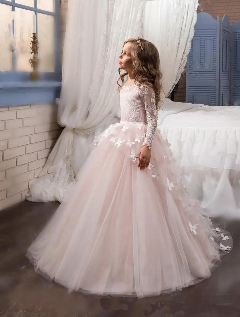 Princess Hot Gown flower girl dress with Long Sleeves, Sweep Train, Lace Detailing - Perfect for First Communion, Weddings, and Parties (2017