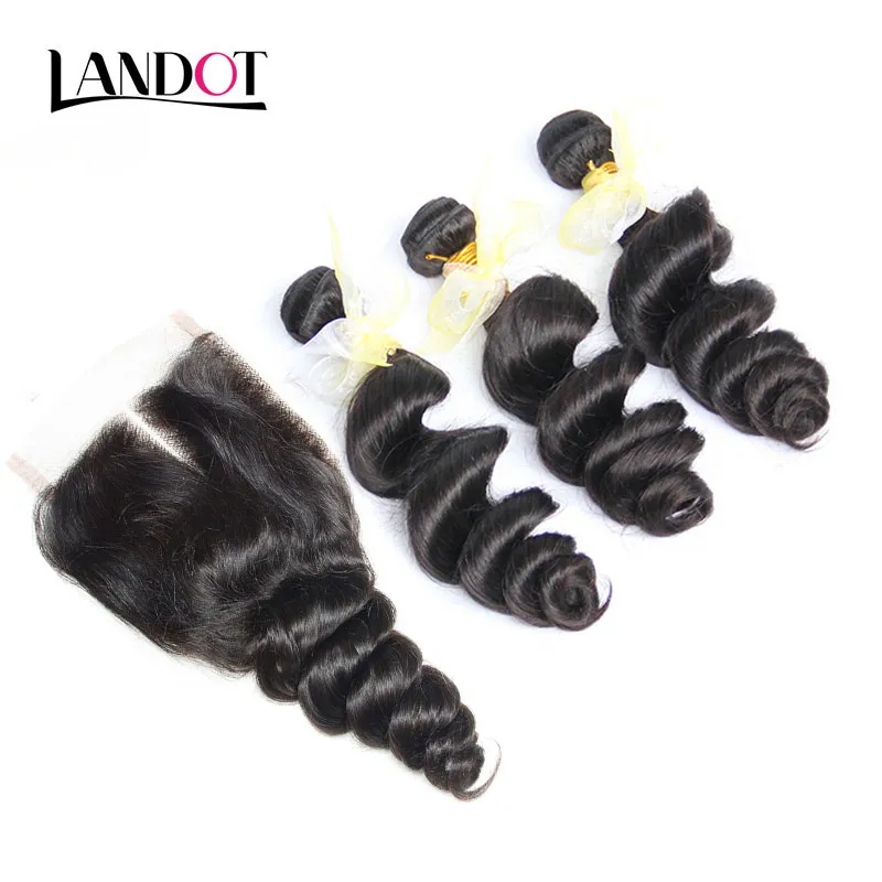 3 Bundles Filipino Loose Wave Virgin Hair Weaves With Closure Unprocessed Loose Deep Curly Human Hair And Top Lace Closures Free/Middle Part