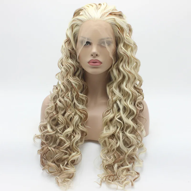 Iwona Hair Curly Long White Blonde Auburn Mix Wig 18#1001/613/30 Half Hand Tied Heat Resistant Synthetic Lace Front Wig