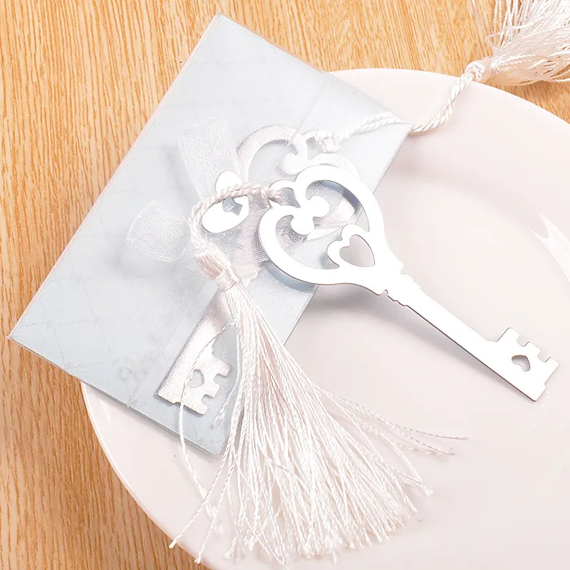 Metal "Key to my Heart" Heart-shaped Key Bookmark with White-silk Tassel wedding party Gifts favors WA1849