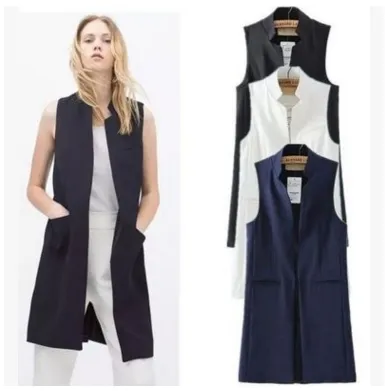 Kvinnor Vit Svart Lång Vest Coat Europa Style Waistcoat Ärmlös Jacka Tillbaka Split Outwear Casual Top Roupa Kvinna MJ62