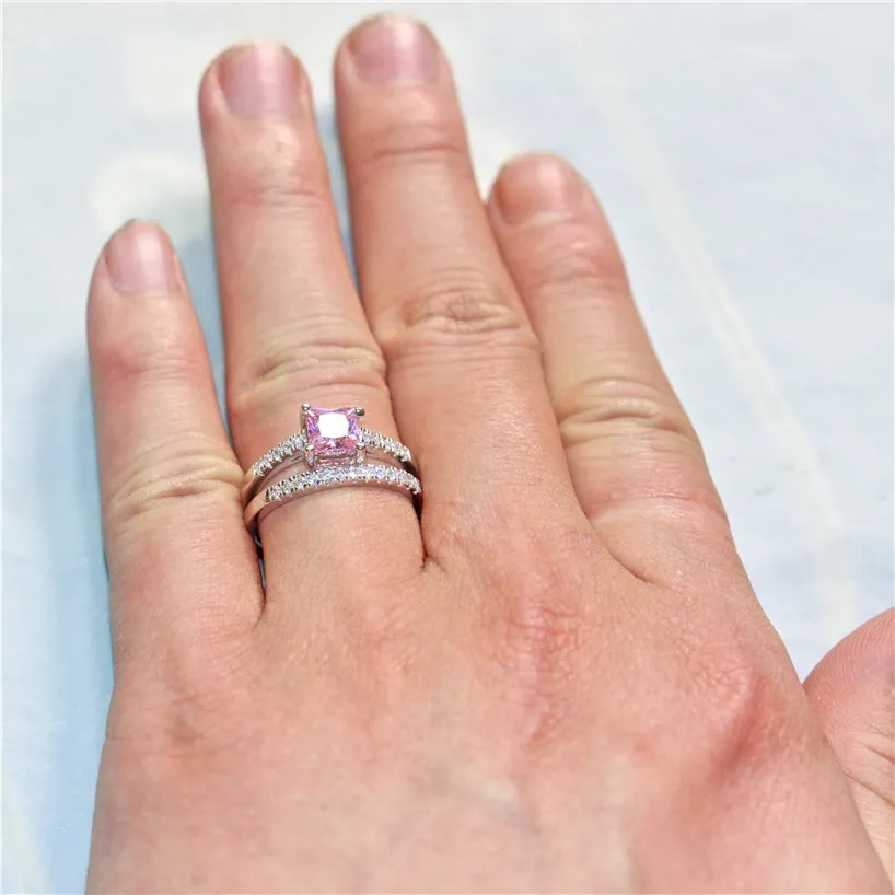 패션 10KT 화이트 골드 핑크와 화이트 광장 다이아몬드 CZ 보석 반지는 여성을위한 웨딩 신부 밴드 보석 서트를 설정 채워진 2 -에서 - 1