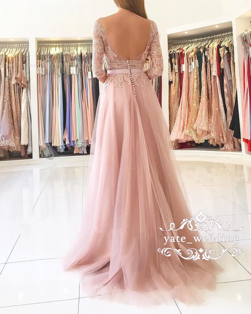 Blush roze prom -jurken Bateau Sheer Neck 34 lange mouwen kant tule split side side vloer lengte backless avondjurken feestjurken1587754