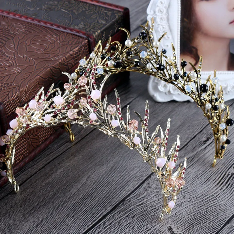 Barock Queen Bridal Tiara Crown Pink Black Stone Graduation Prom Party Bridal Wedding Luxury Hair Smycken Tillbehör 3390807