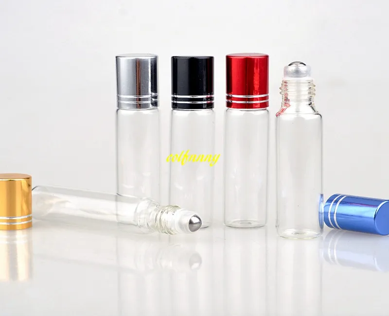/ سريع الشحن 10ML الزجاج الشفاف لفة على زجاجات العطور الزيوت الأساسية مع زجاجة الكرة الدوارة الفولاذ المقاوم للصدأ