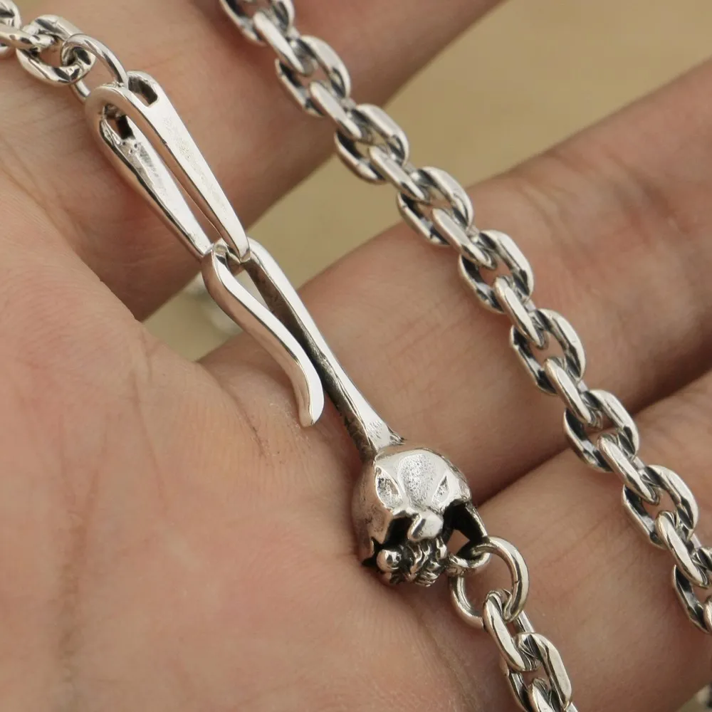 Linsion 4mm Square Link Chain 925 Sterling Silver Skull Hook Charms 목걸이 TA35254Y