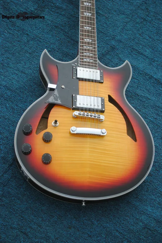 Högkvalitativ Custom Shop 12 Strängar Vänsterhänt Elektrisk Gitarr Honey Burst Flame Jazz Guitar Gratis frakt