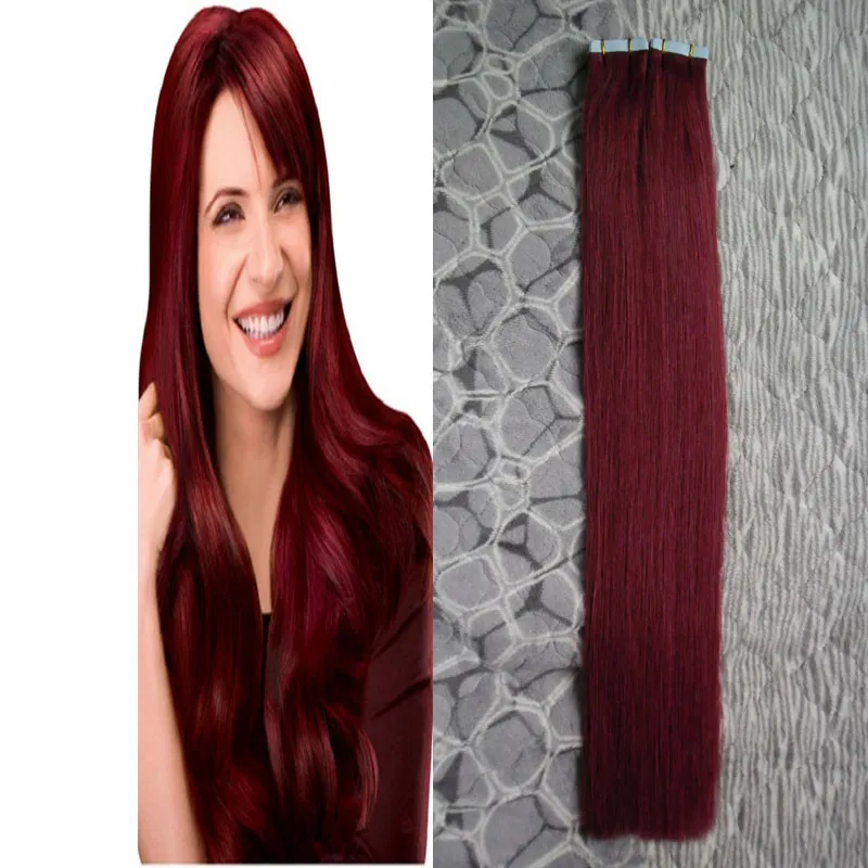 Use of human hair Tape in hair extensions #99J Red Wine Straight 100g skin weft tape hair extensions