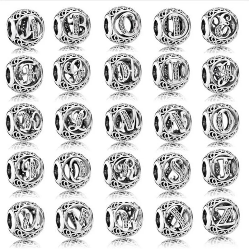 925 Sterling Silver Charm Koraliki Listy z diamentem do biżuterii Robić 26 angielskimi literami Fit Europejska Moda Biżuteria Urok dla bransoletek