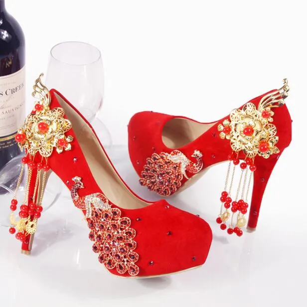 Chaussures de mariage à pompon rouge, chaussures de mariée à talons hauts faites à la main, de Style chinois, en Satin Cheongsam, escarpins de fête pour femmes, pompon291D