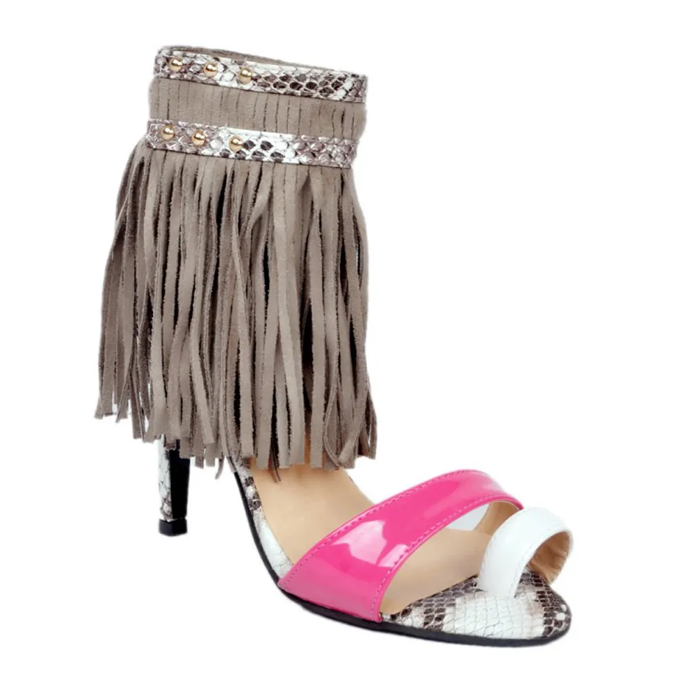 Kolnoo Womens Sexy High Heel Sandals Open Toe Fringe Two Toned Ankle Cuff Party Prom Shoes Gray XD281