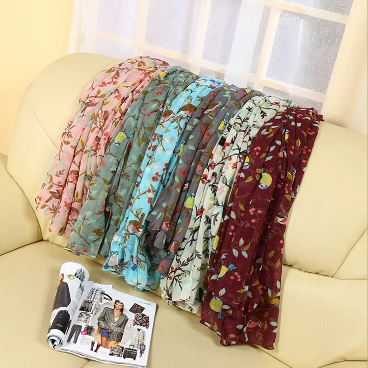 New Design Florial Voile Cotton Scarf light color Fashion Bird Tree Flower Print Circle Scarf Large Size Long Scaves Women infinity Scarfs