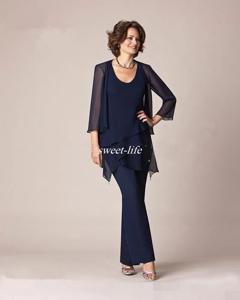 Three Pieces Chiffon Mother of the Bride Pant Suits 2020 Long Sleeves Formal Plus Size Beach Mother Dress Coat Evening Party Gowns2148