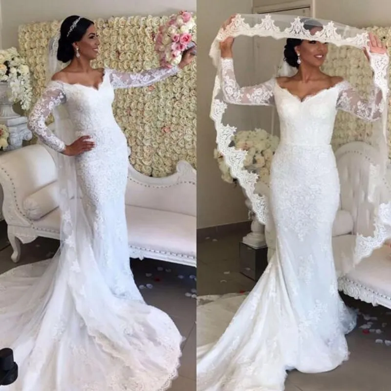 Elegante 2017 Lace Sereia Vestidos de Casamento Com Ilusão Manga Longa Fora Do Ombro Tribunal Trem Vestidos De Noiva Feitos Sob Encomenda China EN8223