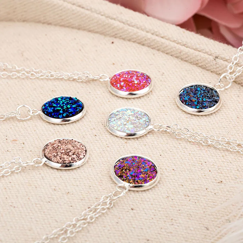 Fashion Drusy Druzy Necklace 12MM Faux Stone Pendant Necklaces Gold Plated Rainbow Sequins Necklace For Women Lady Jewelry