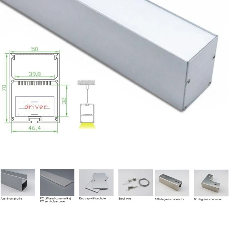50 x 1m Sats / Lot anodiserad silver LED-band aluminiumprofil och super djup U-extruderingskanal för tak eller hängande ljus