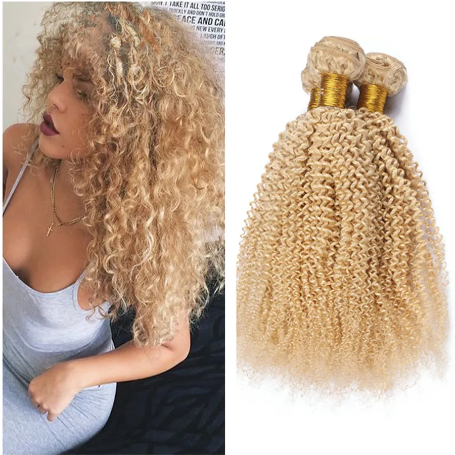 3 buntar Brazilian Blond Kinky Curly Weave Hårförlängningar Brazilian Hair Weft 3 Boundles Blond Kinky Lockigt Afro-hår