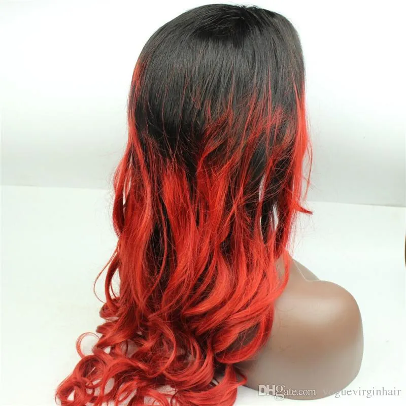 OMBRE 13X4 1B 흑인 여성을위한 빨간 레이스 정면 가발 150% 밀도 인간 머리 가발 아기 머리