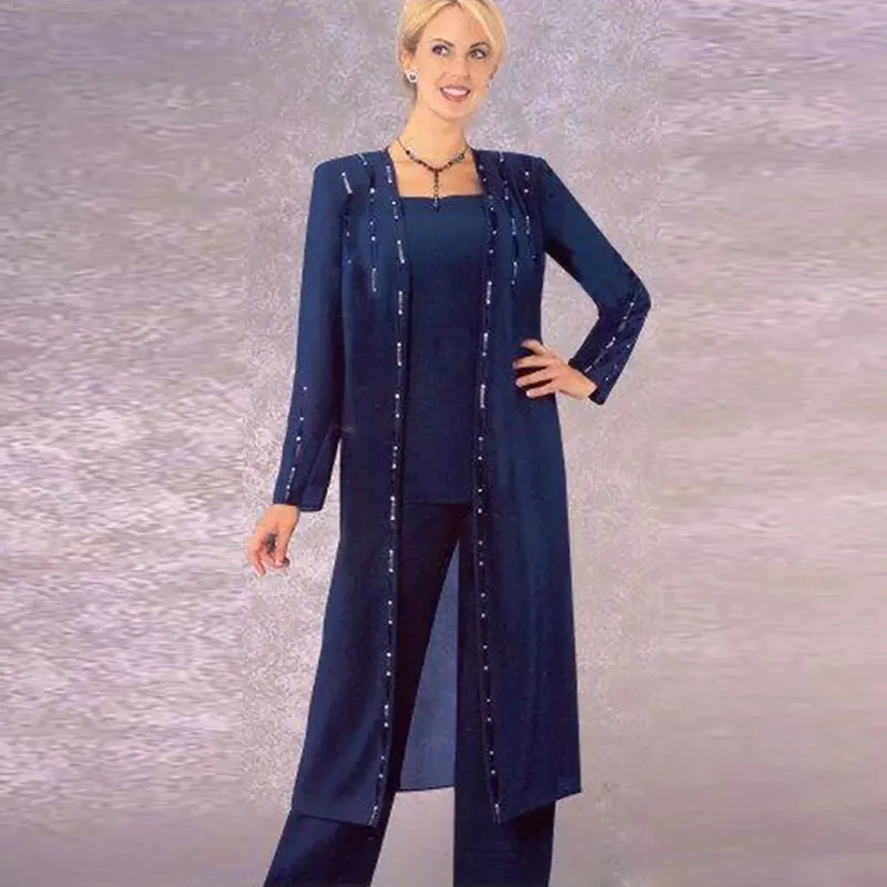 Dark Navy Trois Pièces Mère De La Mariée Pantalon Costumes Col Carré Manches Longues Robes D'invité De Mariage En Mousseline De Soie Plus La Taille Perlée Form2159