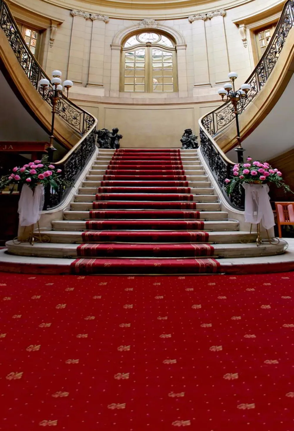 Tapis rouge escalier photographie de mariage toile de fond fleurs roses fenêtre mur arrière-plans Photo Studio photo stand accessoires papier peint