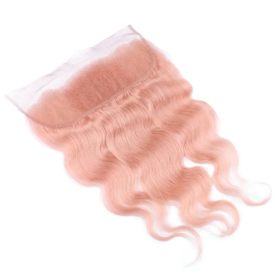 Fasci di capelli umani in oro rosa con chiusura frontale in pizzo Trame di capelli ondulati rosa con chiusura frontale in pizzo Tesse di capelli umani rosa