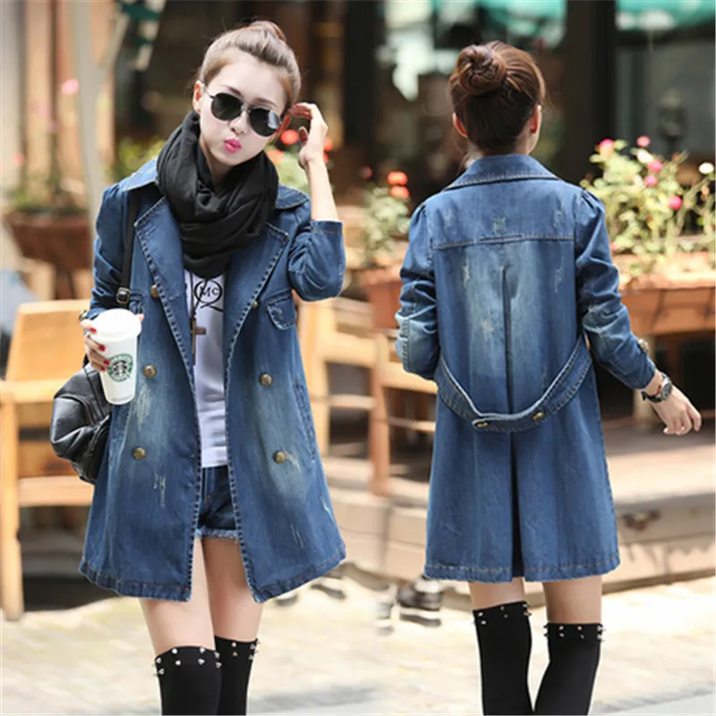 Wholesale- New Fashion Women Jacket Casual Slim Denim Long Jaqueta Ladies Coat Casaso Fenimino Jeans Full Sleeve Korea Style Hot Plus Size