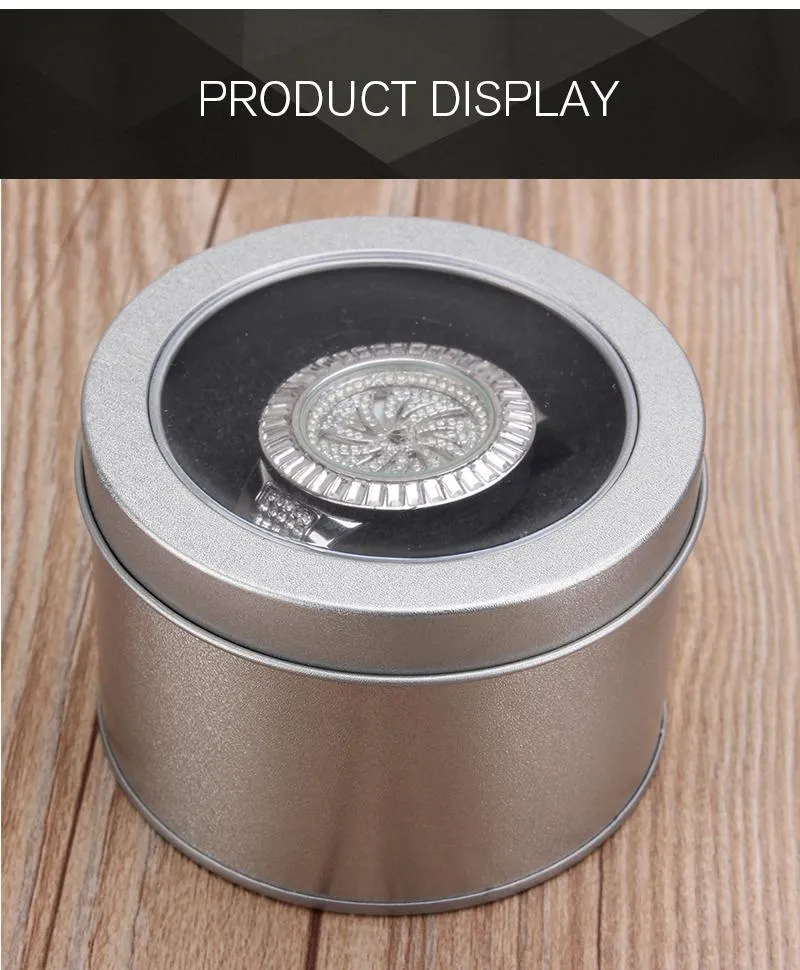 Lägsta silver Round Metal Jewelry Watch Present Box Display Case With Cushion 3 54x2 36 Watch Organizer Box Holder Glitte271U