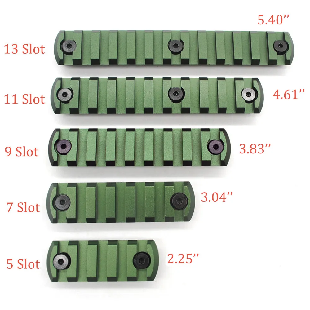 Olijfgroen Geanodiseerd 5,7,9,11,13 Slots Picatinny/Weaver Rail Secties voor Key Mod Handkappen Systeem Aluminium Gratis verzending