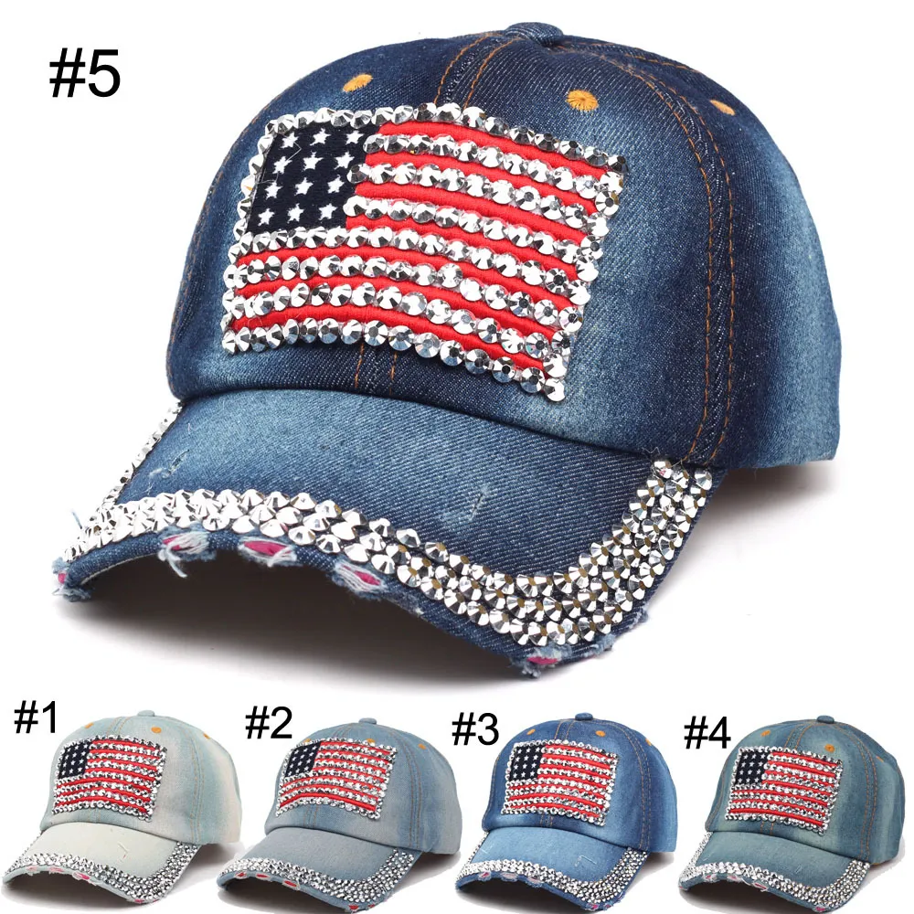 Hot sale USA United States American flag baseball caps adjustable jeans denim rhinestone men women snapback hat cap M002