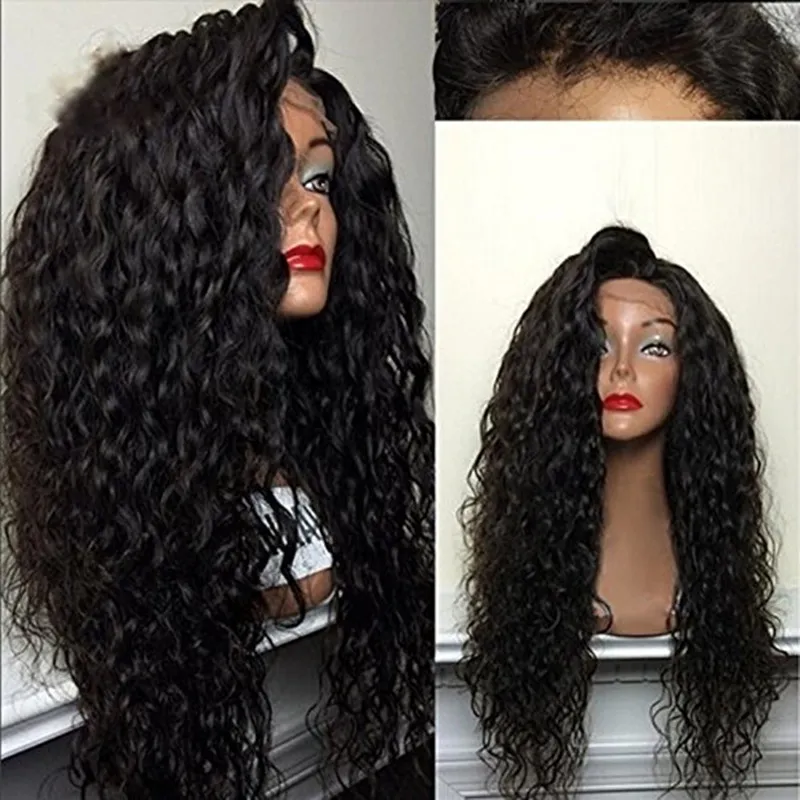 Cheap High Quality Heat Resistant Japan Fiber Long Black Water Wave Synthetic Lace Front Wigs With Baby Hair for Black Women