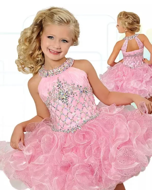 2022 glitz cupcake meisjes optocht jurken roze organza ruches bloemenmeisjes jurk modieuze verjaardagsfeestje mini kristallen kristallen ballenjurken