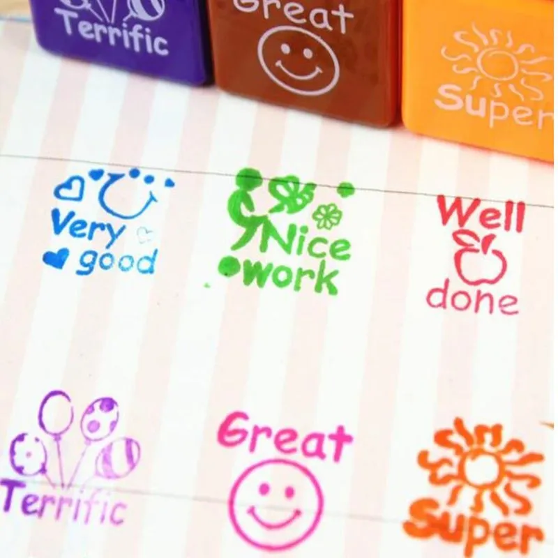 6pcs/set Cute Cartoon Kids Stamp Set Teachers Self Inking Praise
