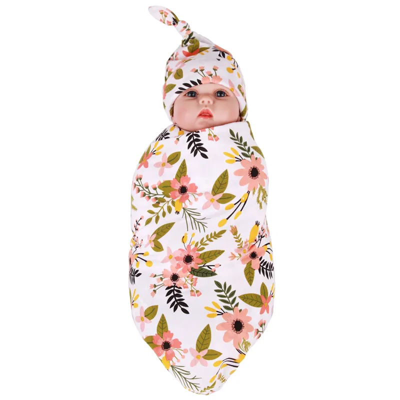 Bebê recém-nascido Coberturas Cobertores Headbands Headbands Chapéu Floral Set Bebê Swaddle Wrap Cobertor 90 * 90 cm Infantil algodão envoltório pano de pano de pano livre BHB03
