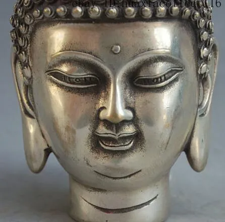 Statue de tête de bouddha en argent, 7 pouces, bouddhisme du Tibet, Temple Shakyamuni Sakyamuni Amitabha